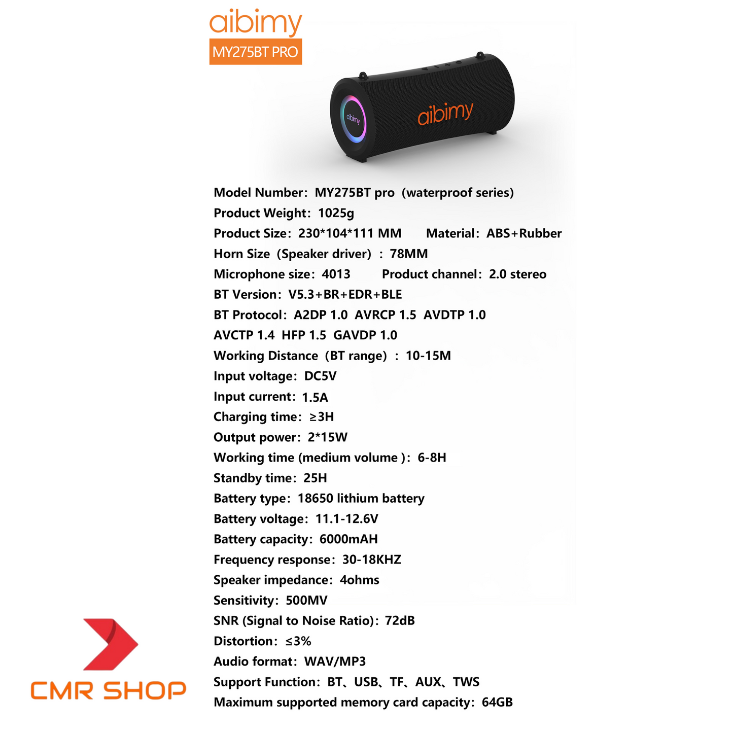 Parlante Aibimy My-275BT Recargable Ip67 Rgb Potente 30w